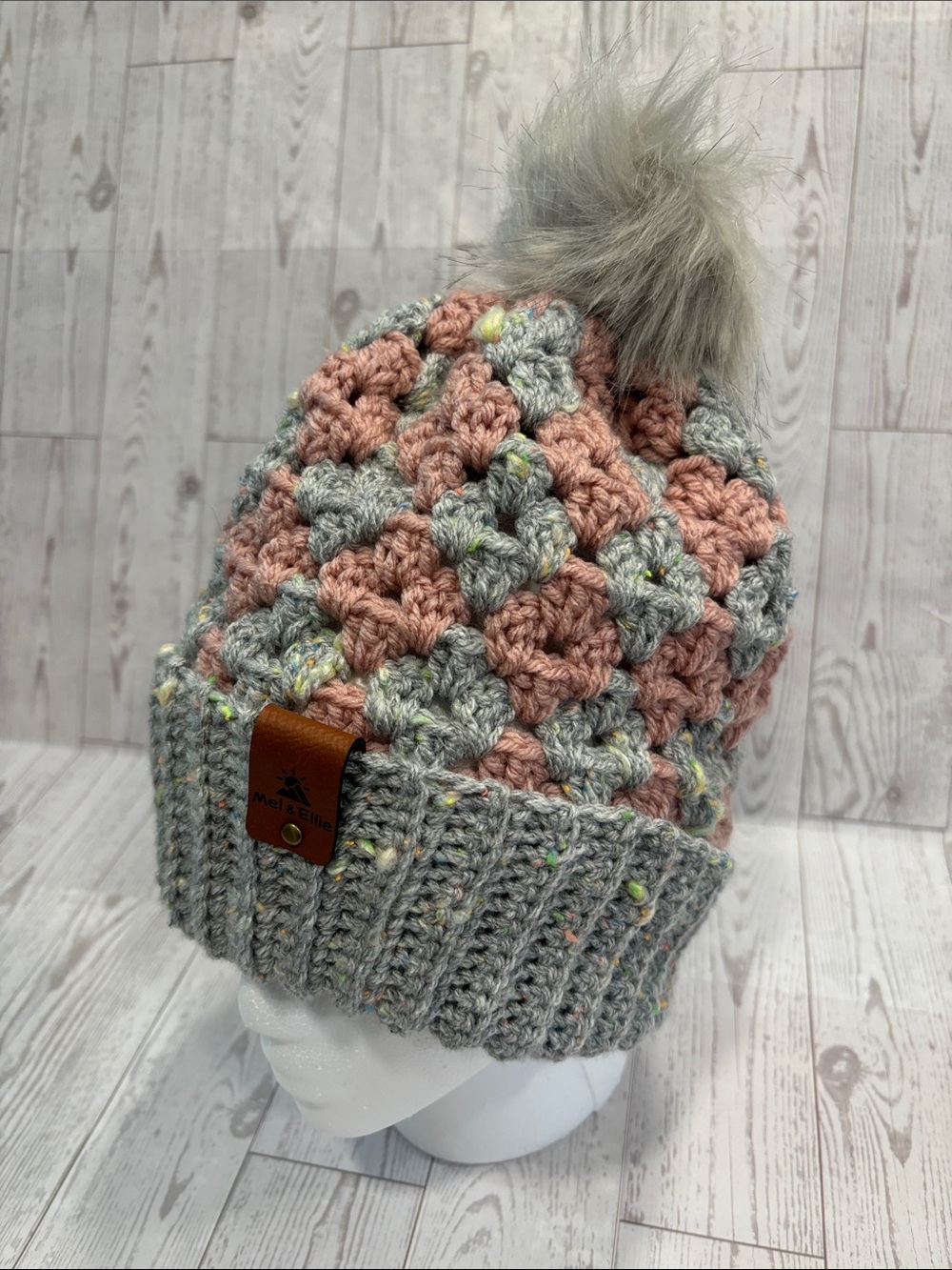 Hand Crafted Crochet Granny Cluster Beanie - Grey and Pink